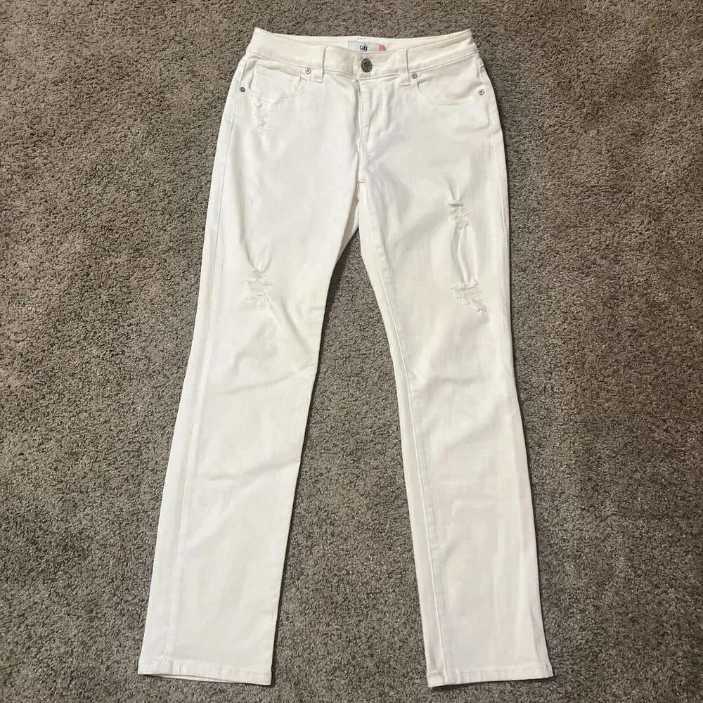 Cabi Jeans Womens Size 6 White Trouser Jeans High Slim Stretch Distressed 5305
